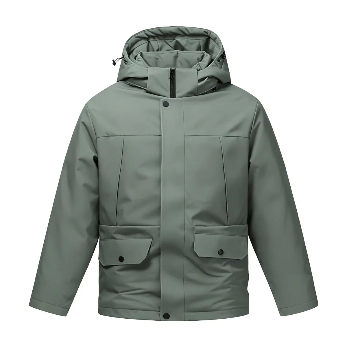 Men's Thick Natural Solid Sage Green Insulated Utility Parka Jackets - Hoodie-Inspired Drawcord Hood, Dual Storm Zip, Snap Placket, Cargo Pockets, Water-Wind Resistant, Elastic Cuffs, Oversized Fit Winter Coat (Pairable with Jeans) for Commute, Hiking