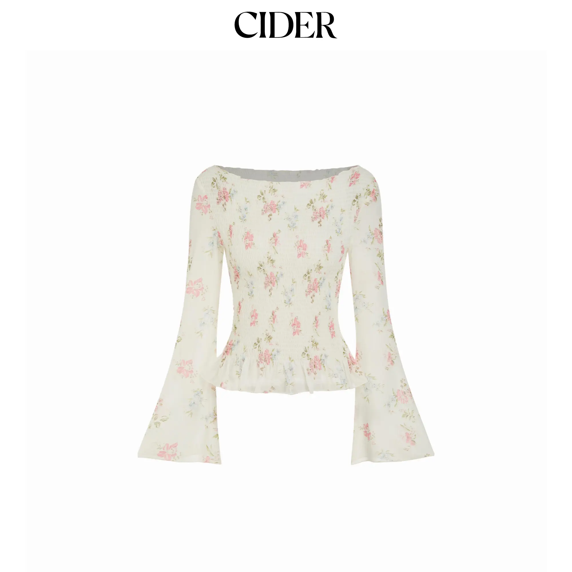 Cider Chiffon Floral Boat Neck Bell Sleeve Ruffled Top SohoChic