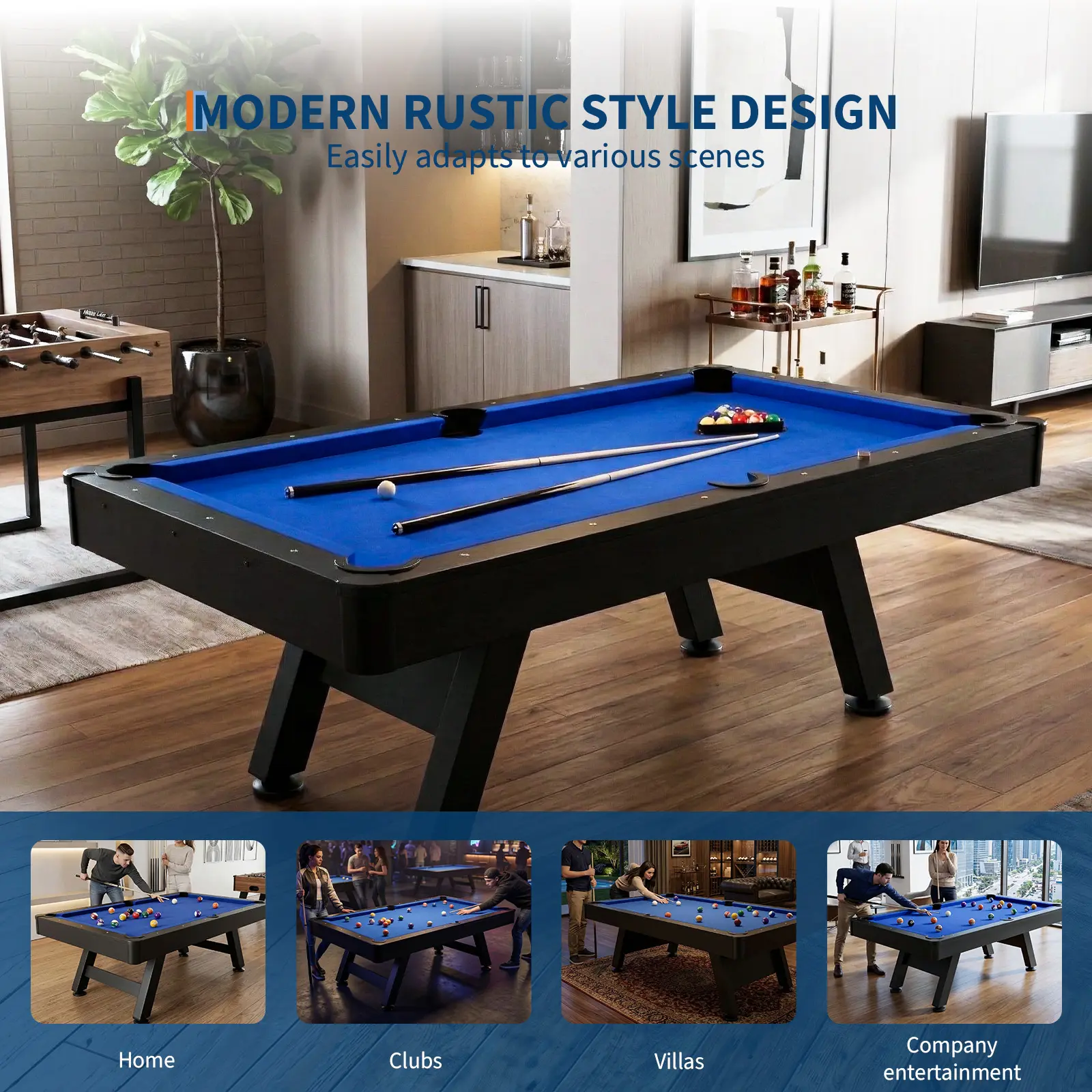 Hosslly 7ft Black Wood Frame Billiards Table - Complete Pool Table Set with Cues, Balls, Triangle, Chalk & Brush - Fits Home Office Game Room - Ideal for Family Recreation