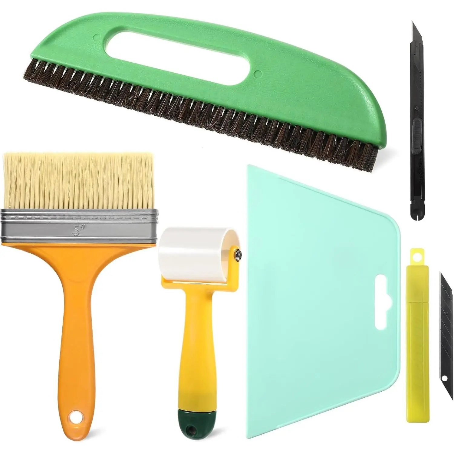 Wallpaper Smoothing Tool Kit, Wall Paper Stick Tool Set, with Wallpaper Paste Glue Brush, Multiuse Wallpapers Squeegee, Seam Roller, and Cutting Tools, for Peel and Stick Wallpapers Vinyl Window Film