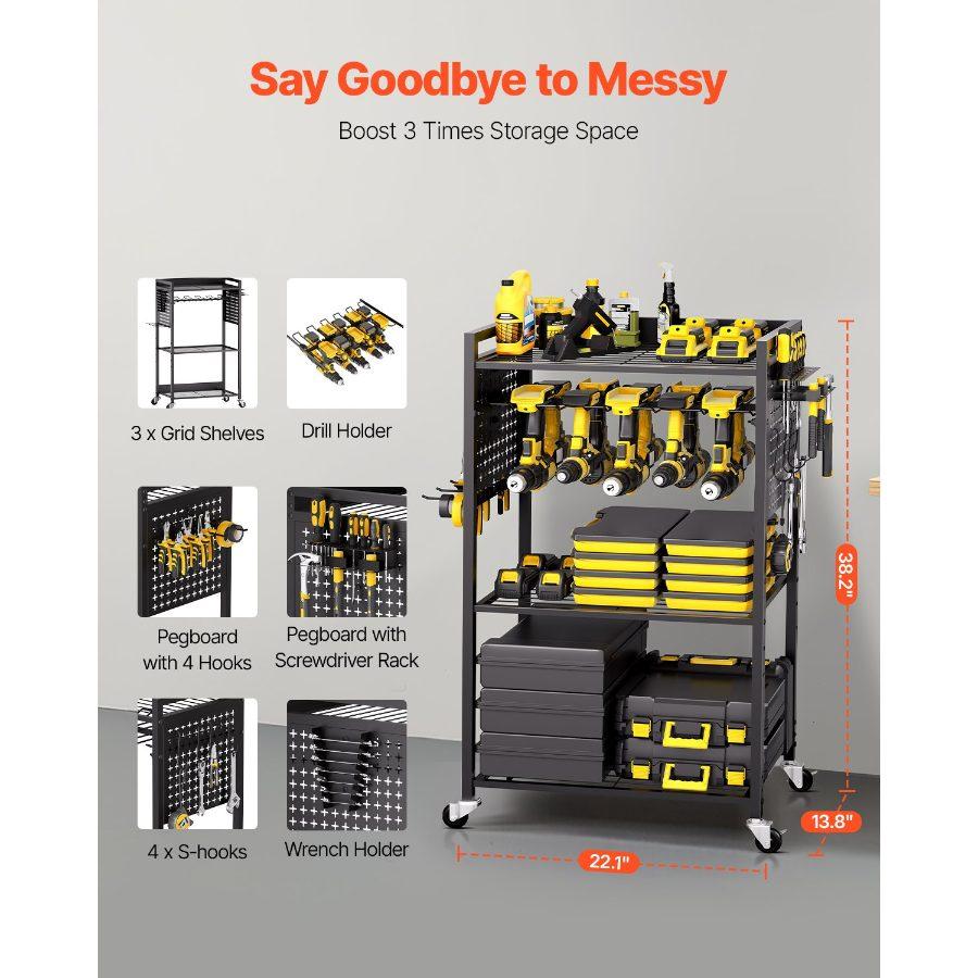 VEVOR 4-tier Tool Organizer Cart, 150 lbs Load Capacity, Floor Stand Rolling Drill Holder and Stability Storage Rack, Heavy Duty Garage Floor Rolling Storage Cart for Workshop, Garage, Black VEVOR 4-tier Tool Organizer Cart, 150 lbs Load Capacity, Floor Stand Rolling Drill Holder and Stability Storage Rack, Heavy Duty Garage Floor Rolling Storage Cart for Workshop, Garage, Black