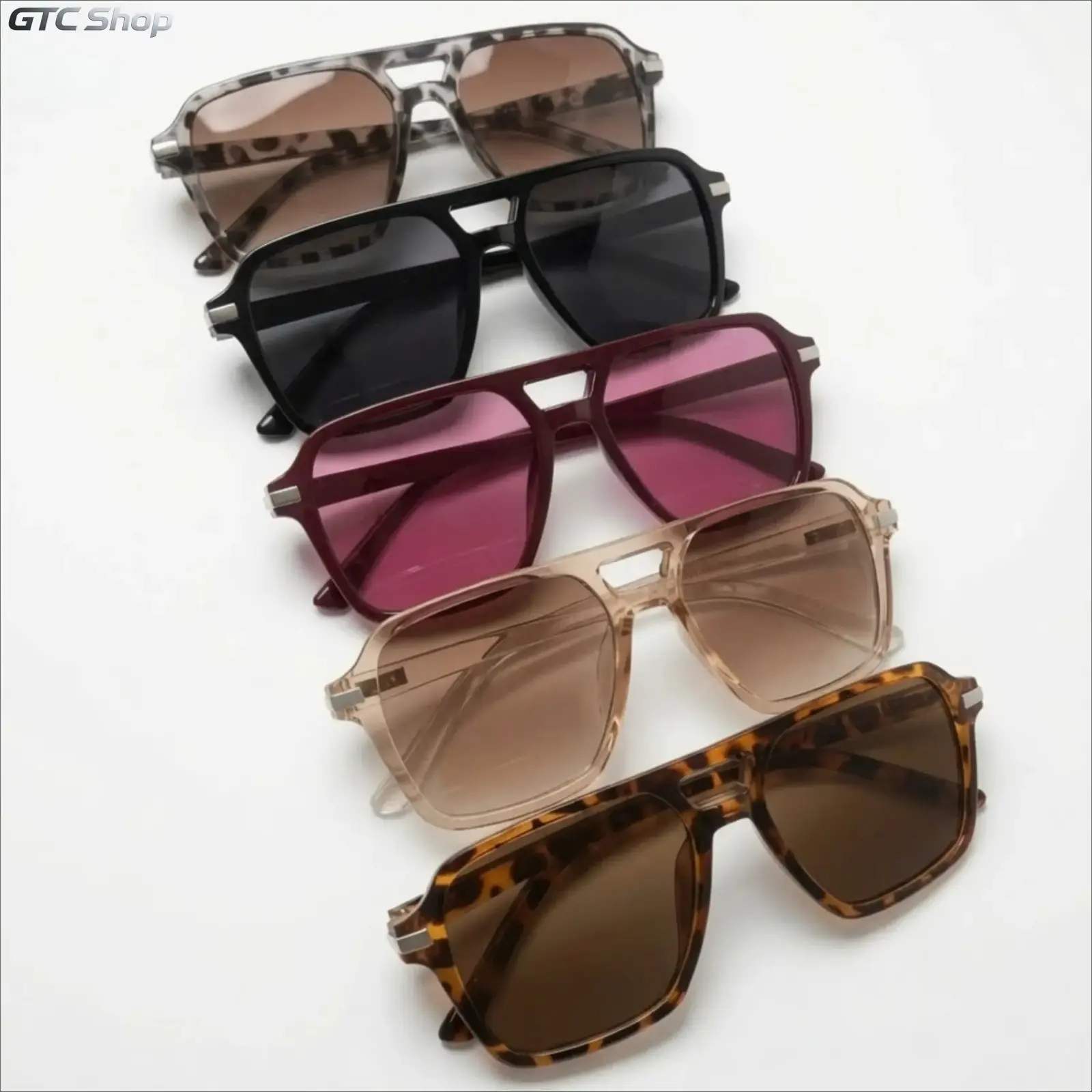 5 Pack Square Pilot Sunglasses Set with Storage Pouch, Dual Bridge Retro Aviator Shades, Multicolor PC Frame UV Protection Eyewear, Unisex Trendy Streetwear Glasses for Driving Beach Travel Vacation Photos Daily Wear, Sunglasses For Women