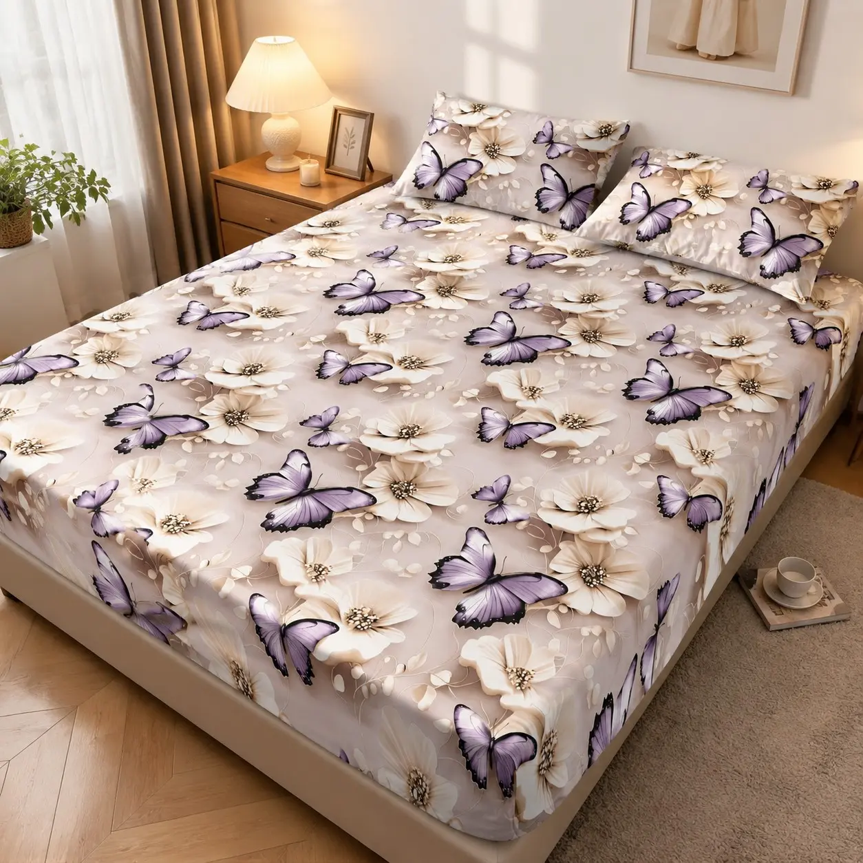 2D 3-Piece Butterfly Floral Bed Sheet Set, Dreamy Luxury Style, Includes 1 Bed Sheet + 2 Pillowcases, High-Definition Digital Print, Floral Bedding