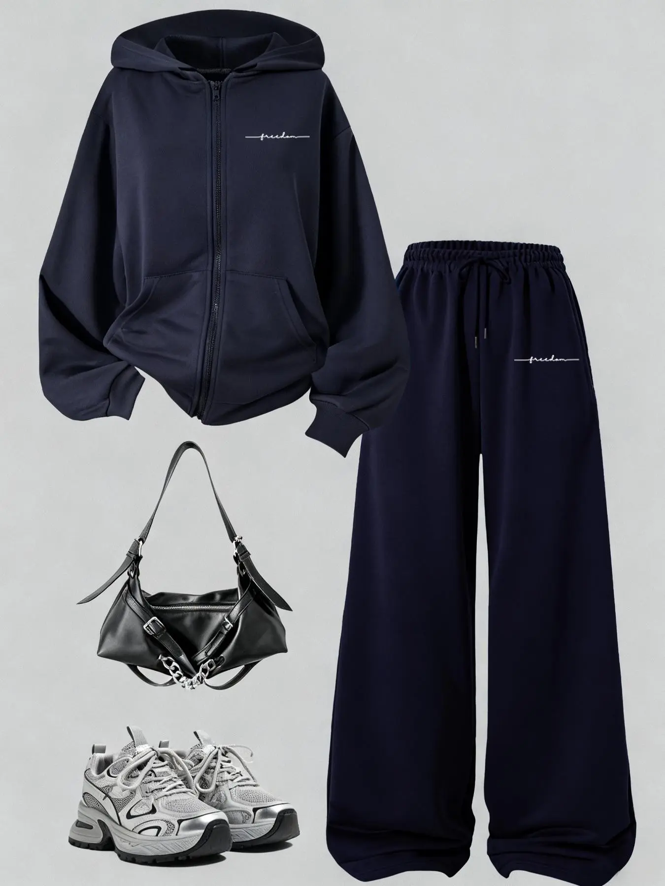 Autumn Winter New Two-Piece Set, Casual Loose Tracksuit, Long Sleeve Zipper Hooded Sweatshirt & Drawstring Waist Pants, Letter Print, Unisex Sportswear