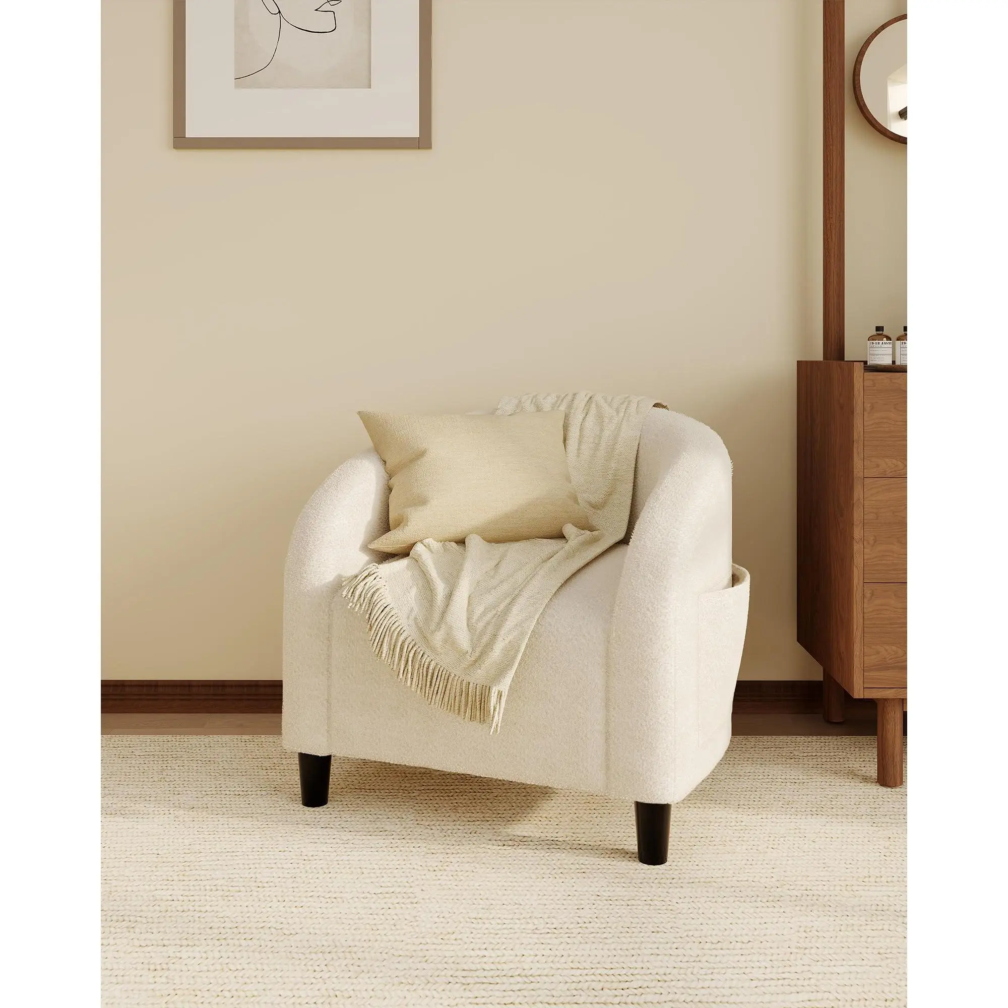 Cozy Boucle Barrel Accent Chair – Sherpa Upholstered Single Armchair with Soft Padded Seat, Rounded Ergonomic Back, Sturdy Legs, Perfect for Living Room, Bedroom, Lounge, Office, or Reception