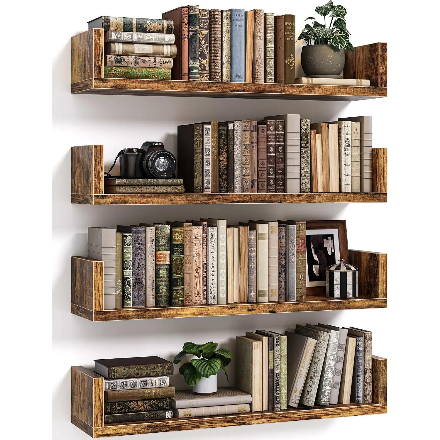 Floating Bookshelves for Wall - Wall Mounted Bookshelf Set of 4, U-Shaped Hanging Bookshelf for Bedroom, Living Room & Office, Wall Book Shelf for Home Decor & Storage (4, Rustic Brown, 17 Inches)