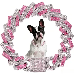 Pink Dog Chain Necklace with Diamond, Bling Cuban Link Puppy Collars Glitter Rhinestone Cat Jewelry for Small Medium Large Pet Dogs, 8-Inch