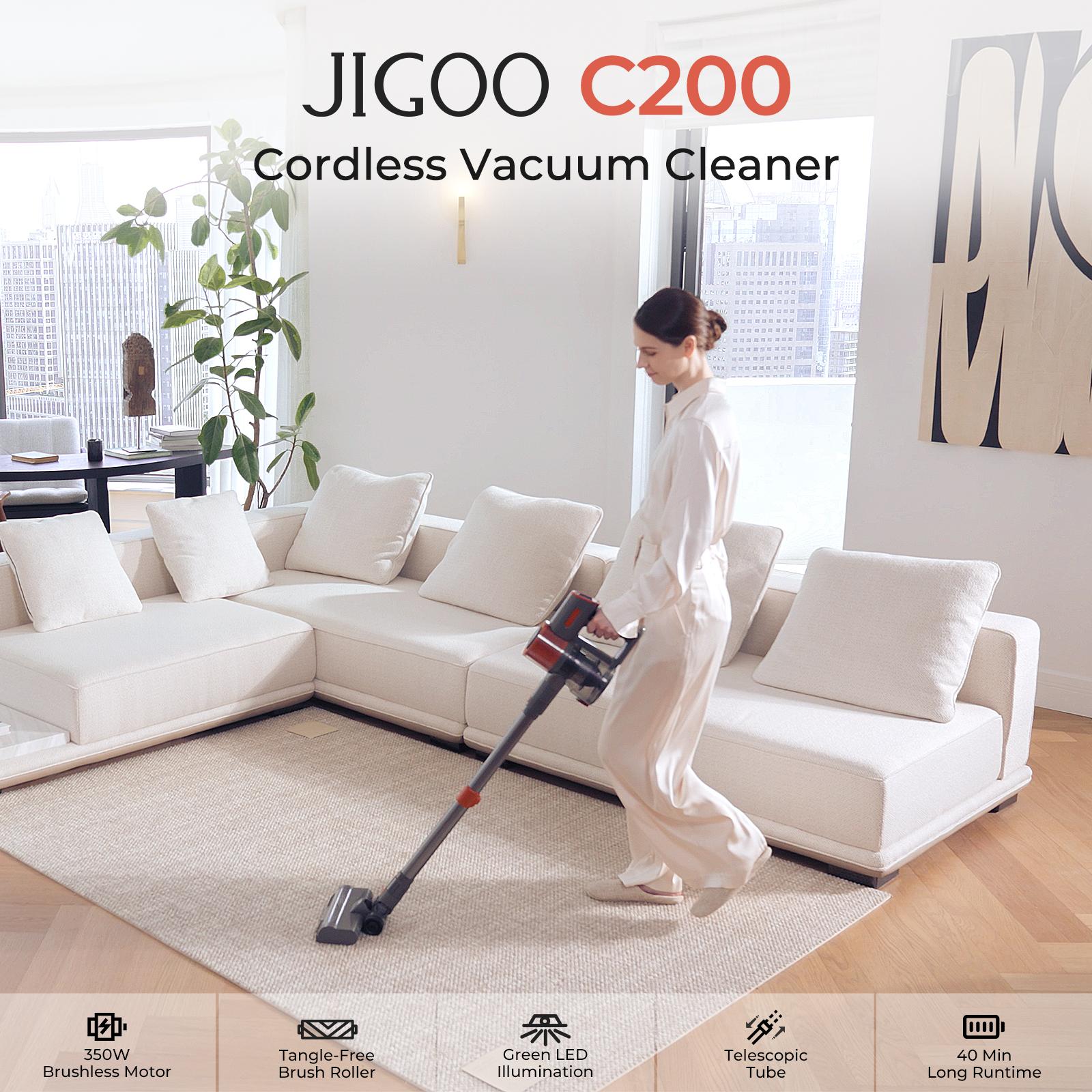 JIGOO C200 Cordless Vacuum Cleaner, 23KPa Suction, 40min Runtime, 2 Work Modes, Telescopic Metal Tube & LED Headlight