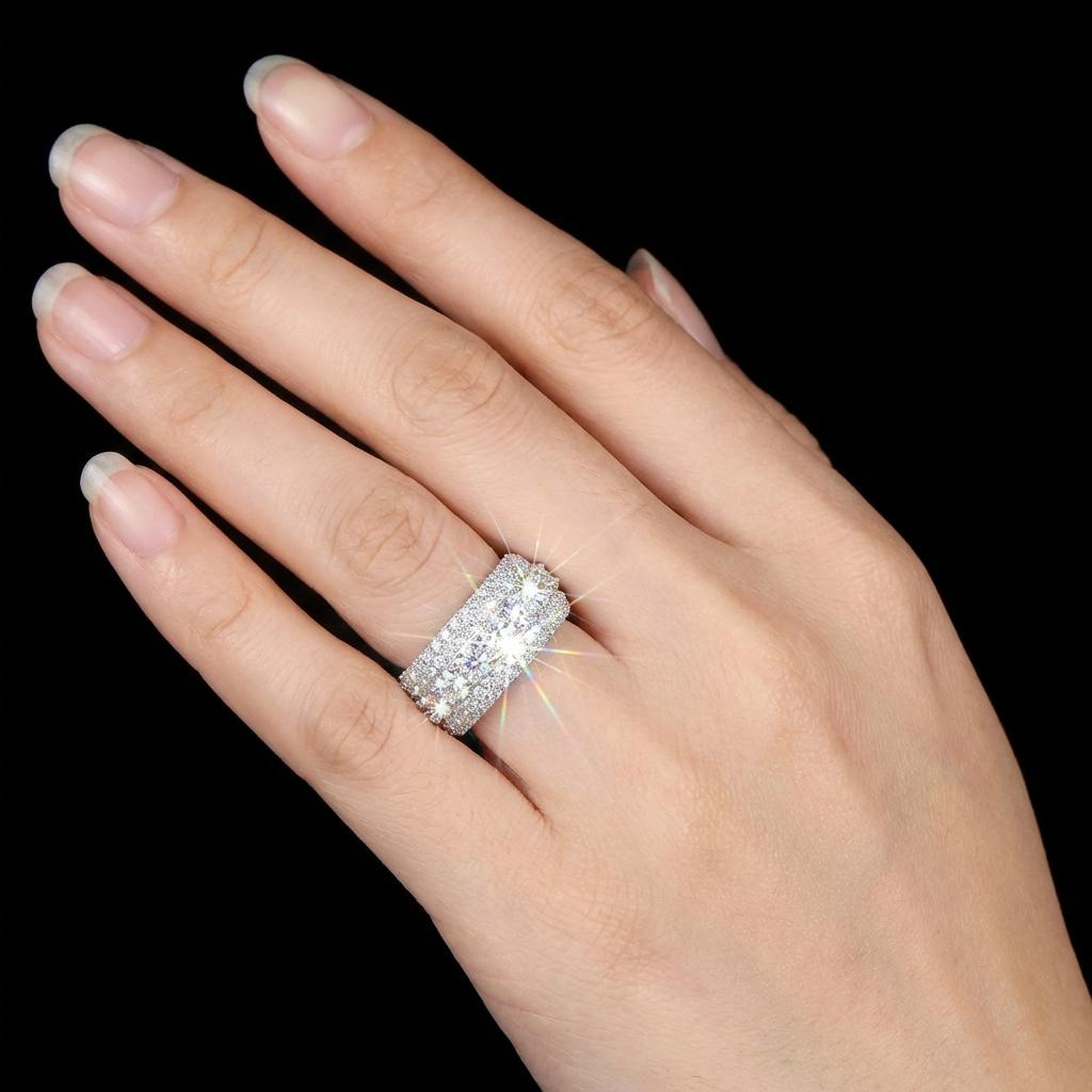 Moissanite Ring for Women - Triple Row Pave Setting D Color VVS1 Clarity 9.25 Hardness Lab Grown Diamond Alternative Engagement Wedding Band