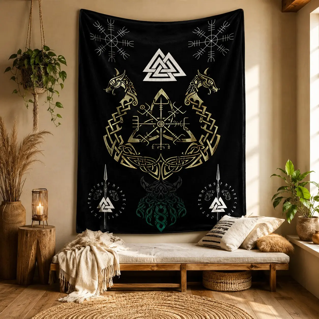 Norse Viking Rune Flannel Blanket, Soft Plush Throw with Valknut Vegvisir Dragon Knotwork, Cozy Nordic Warrior Blanket for Sofa Bed Nap Travel Gift