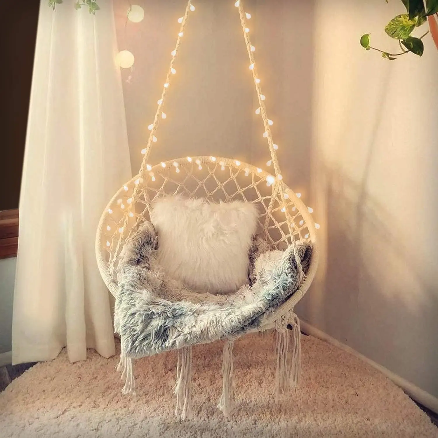 Hanging Chair for Bedroom Hammock Chair Swing with Lights and Hardware Kits Holds up to 550Lbs Macrame Swing Chair Hanging Cotton Rope for Patio, Deck, Garden - Cushion Not Included