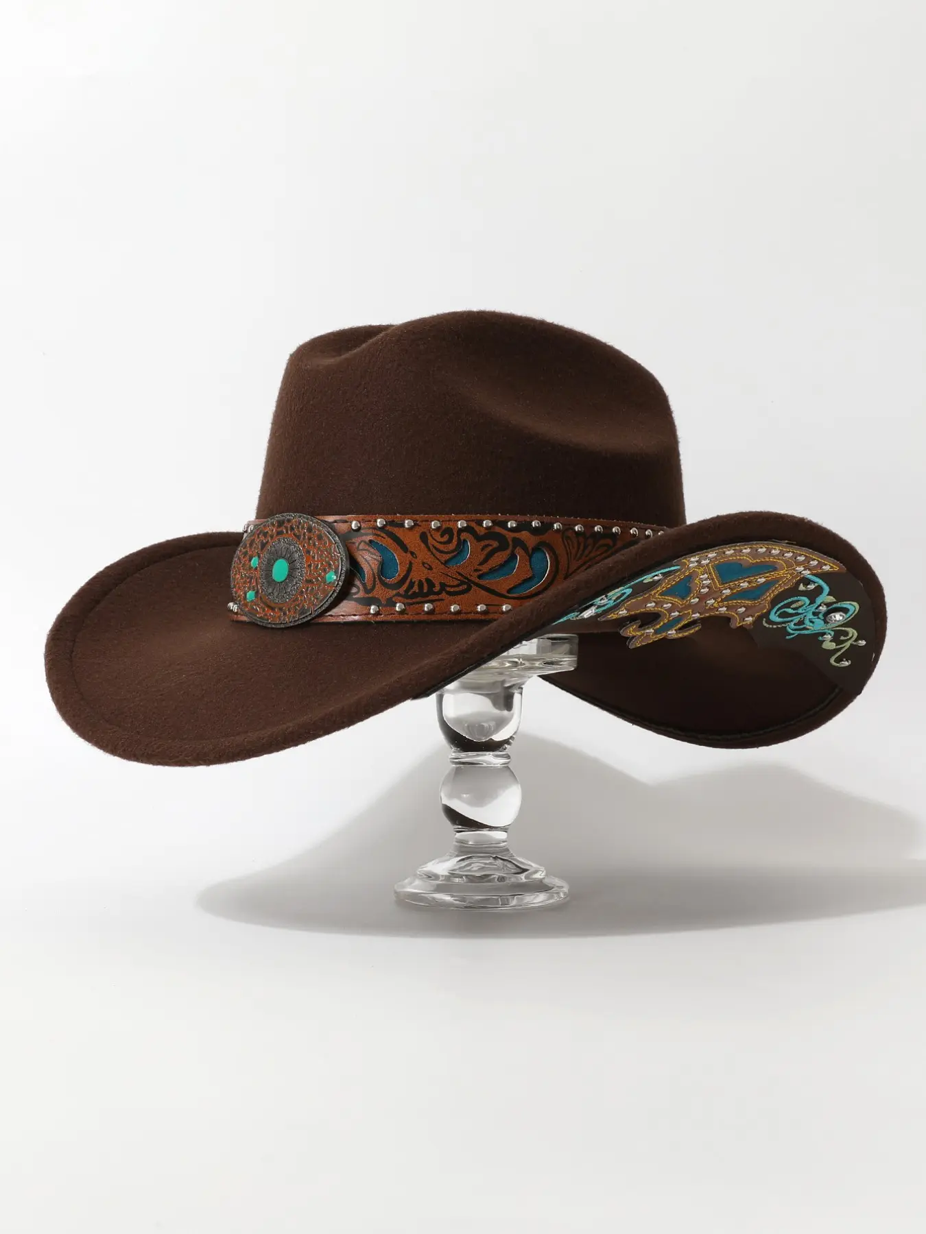 Women's Ethnic Style Cowboy Hat, Cowgirl Hats, Buckle Design Embroidery Brim Patch Decorative Hat, Party Western Theme Event Accessory