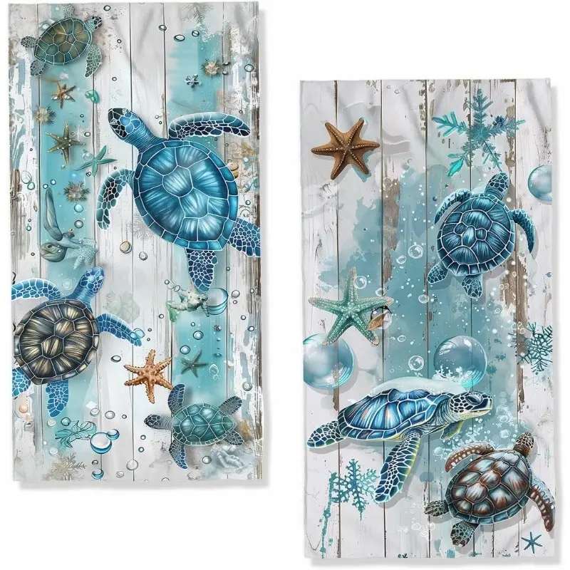 Set of 2 Sea Turtle Hand Towels, Super Absorbent Towels - Highly Absorbent, Featuring Ocean Shell and Starfish Designs. Perfect for Home, Hotel Spas, Gyms, Ideal as Nautical Gifts, Home Spa Essentials, Bathroom Decor