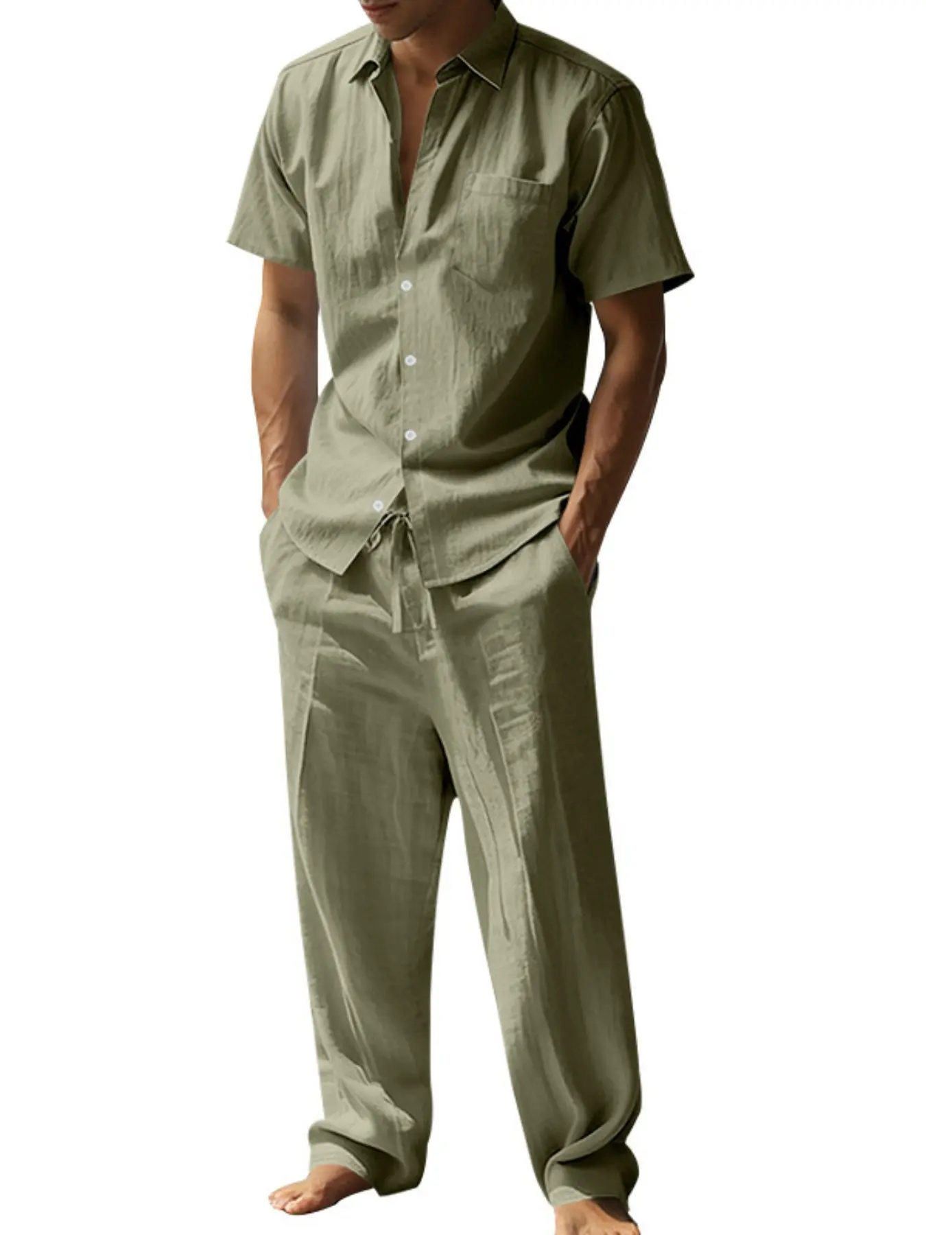 Men's 95% Premium Linen Set, Casual Ultra-Lightweight Hooded Henley Shirt & Trousers, Breathable Resort Cruise Wear, Old Money Aesthetic