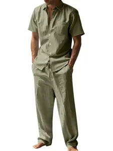 Men's 95% Premium Linen Set, Casual Ultra-Lightweight Hooded Henley Shirt & Trousers, Breathable Resort Cruise Wear, Old Money Aesthetic