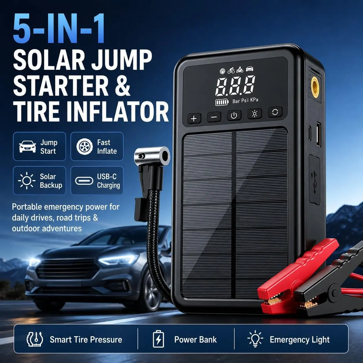 5-In-1 Solar Jump Starter with Air Compressor, 12V Car Battery Booster, Tire Inflator, LED Light, USB-C Charger, Car Essentials for Suv Truck Motorcycle