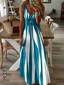Women's Casual Dress, Summer Dress, Slip Dress, Color Block Print, V Neck, Sleeveless, Long Dress, Chic, Stylish and Comfortable, Perfect for Daily Wear