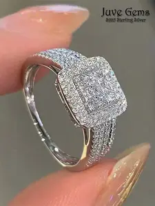 S925 Sterling Silver Fashionable Square Shaped Cubic Zirconia Statement Ring, Cz Rings, Luxury for Women, Trendy All-match & Exquisite Jewelry for Birthday Gift