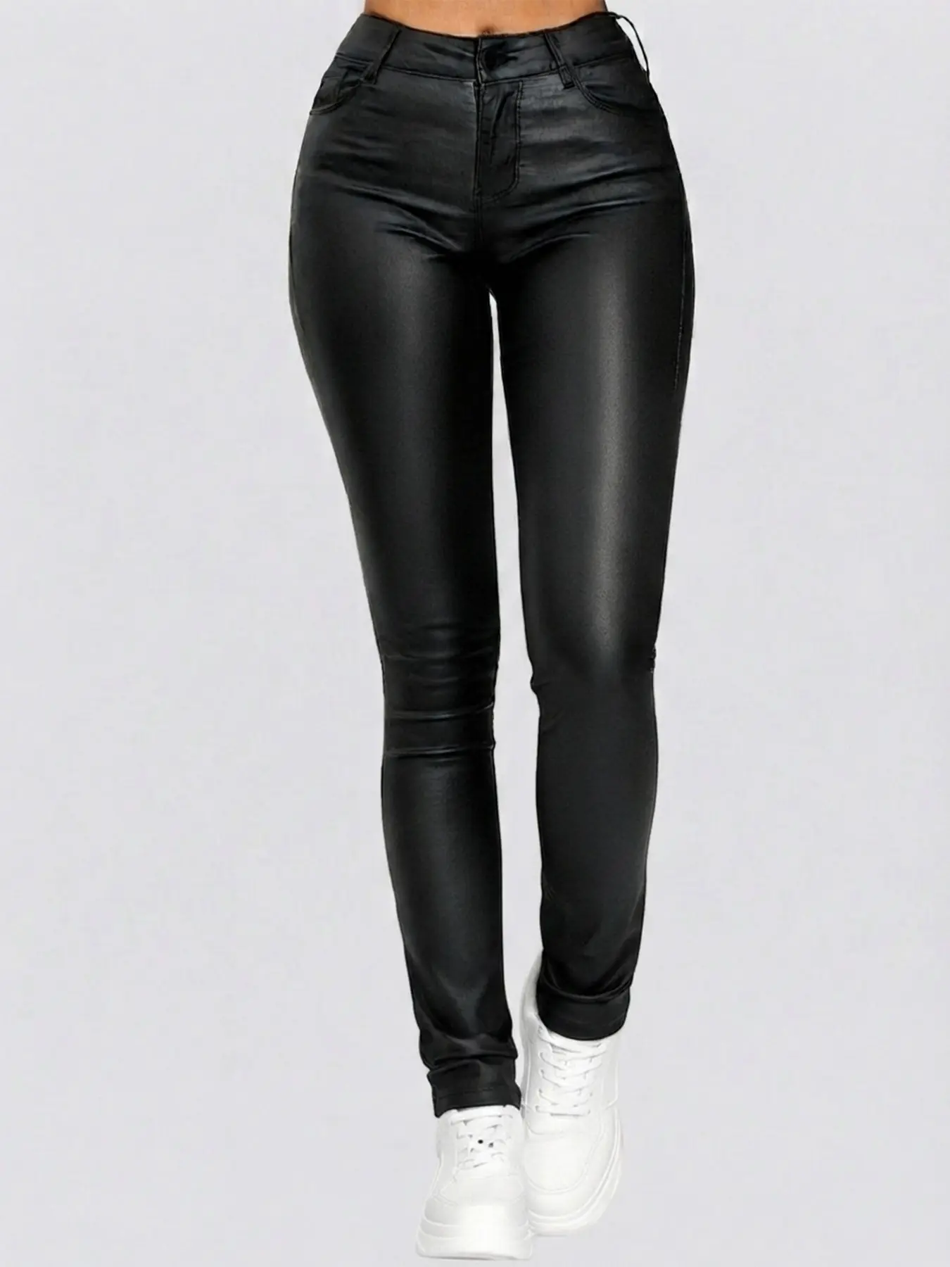 Women's Minimalist Aesthetic Street Basic Plain High Waist Slim Skinny Pants, Casual Solid Pocket High Rise PU Leather Casual Fit Trousers for Fall & Winter, Fashion Women's Bottoms for Daily Wear, Casual Style Bottoms, 2026 Summer Tops