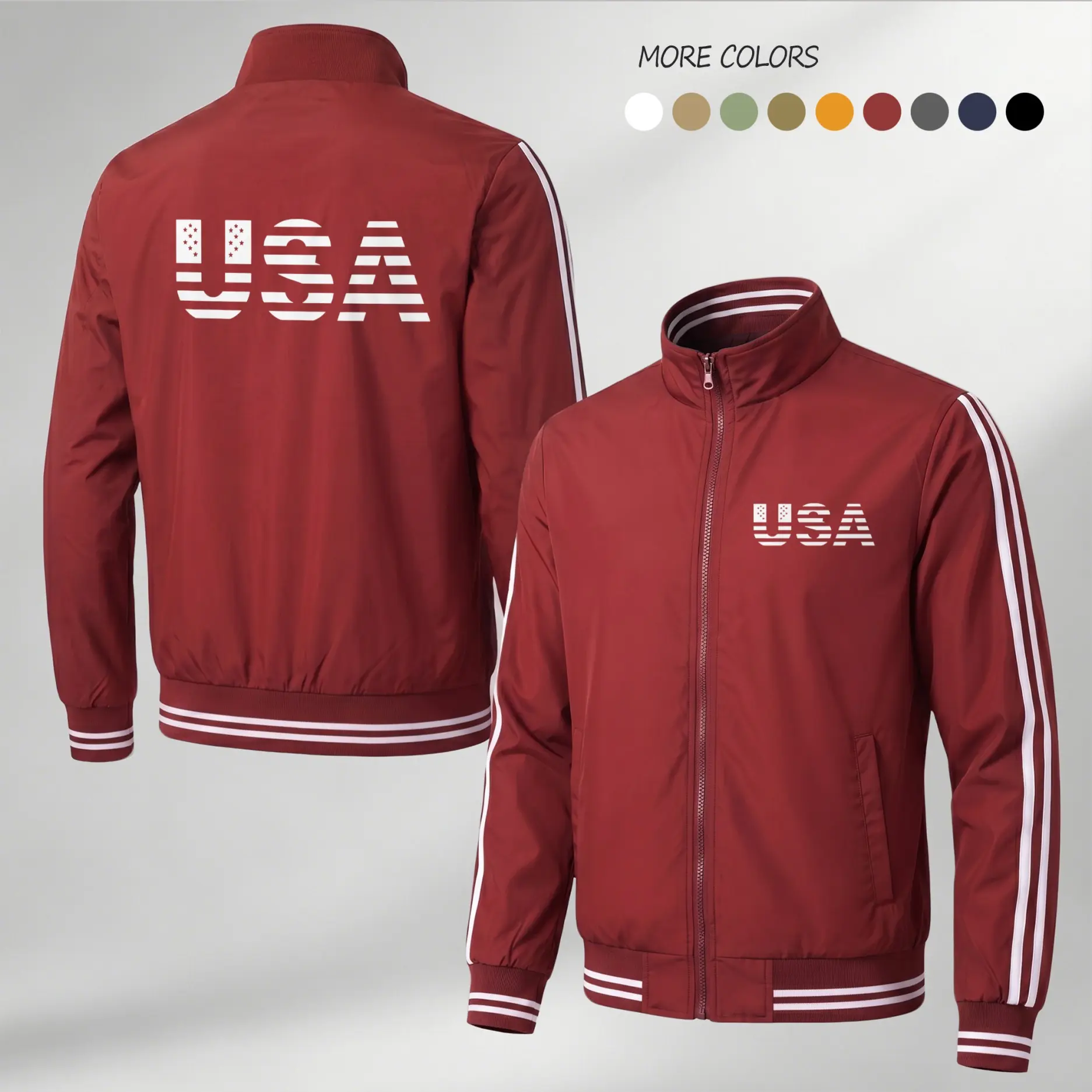 Men’s USA Letter Print Lightweight Flight Bomber Coat - Menswear Tops with Sporty Fabric, Clean Fit, Ribbed Trim, Sport Stripe Sleeves for Everyday Urban Outfits