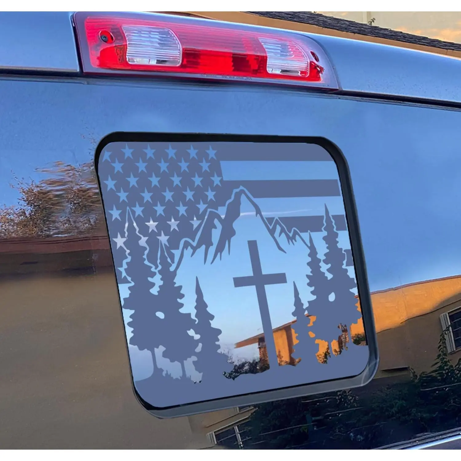 Matte Black Precut Religious American Flag Cross Car Window Decal, Self-Adhesive Vinyl Sticker for Jeep Gladiator JT 2020-2026 Rear Middle Sliding Window, Patriotic Truck Exterior Accessory