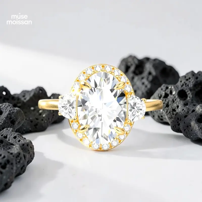 MUSE 3 Carat Oval-Cut Halo Moissanite Ring VVS D Color S925 Sterling Silver Gold & Silver