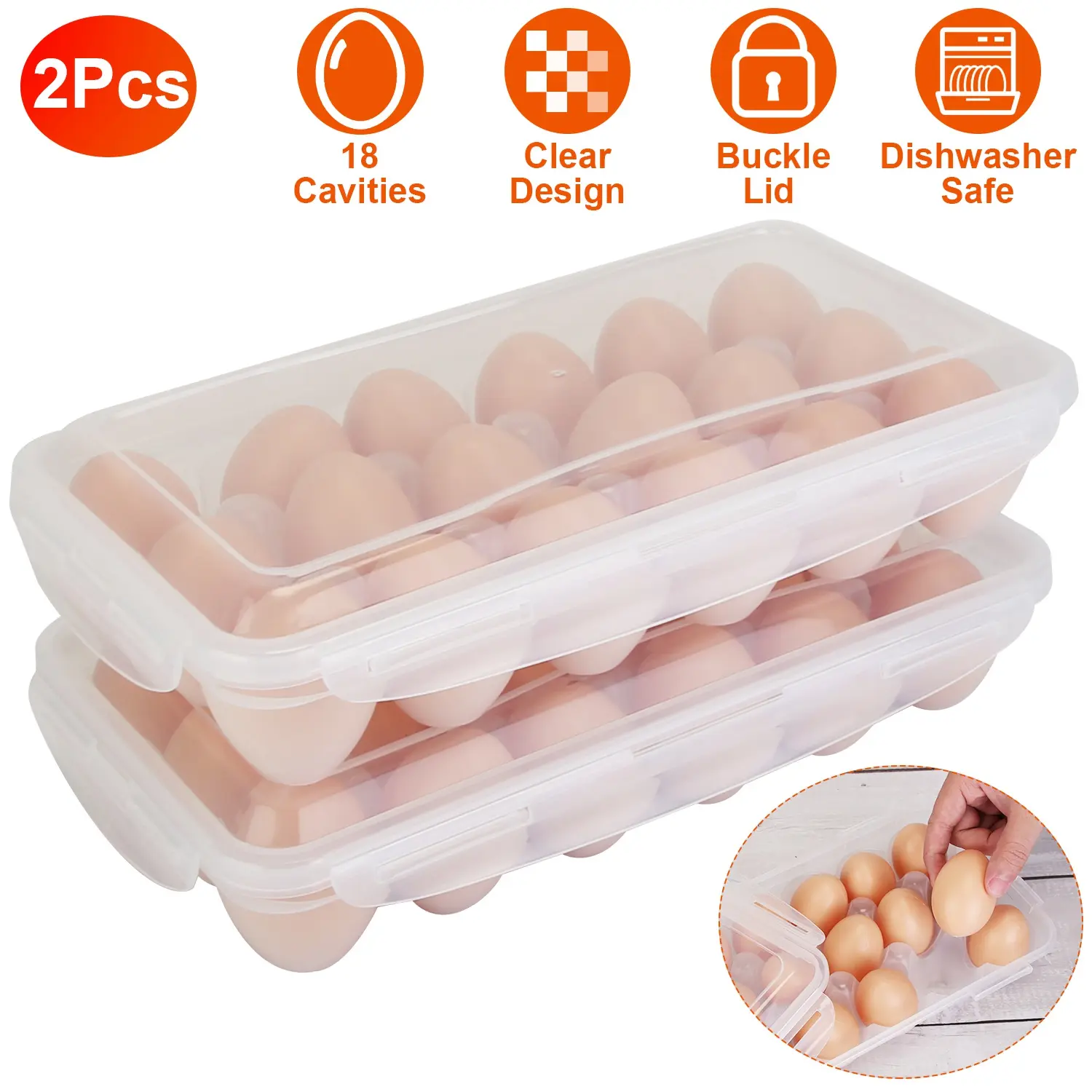 2 Pack Egg Storage Container 18 Grids Clear Refrigerator Egg Organizer with Buckle Lid