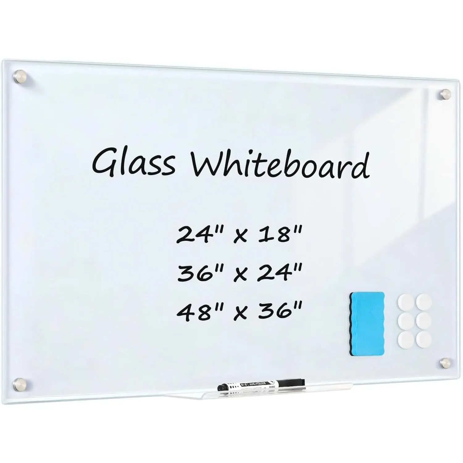 Tempered Glass Whiteboard 24" x 18"  Glass Dry Erase Board | (2’ x 1.5’) Small Wall Mounted Glass White Board with  Pen Tray for Office, , School