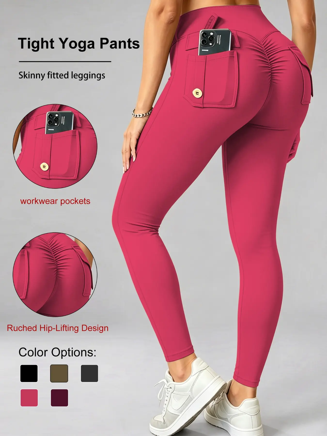 women‘s Cargo Scrunch Butt Lifting Leggings , High Waisted Tummy Control Yoga Pants with Workwear Pockets, Stretchy Ruched Booty Workout Running Tights, Gym Sportswear Bottoms