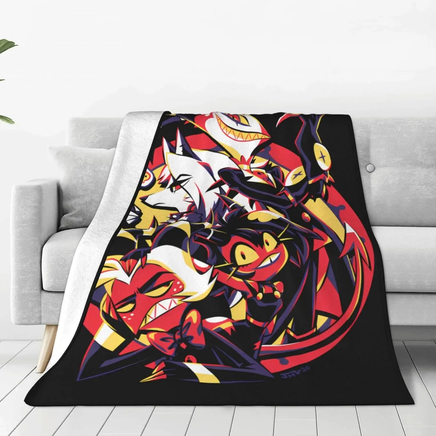 Helluva Boss Central Full Group Moxie Millie Blitz Loona Red Yellow White Purple Contrast Circular Cluster Pure Black Flannel Throw Blanket Gothic Furry Anime Main Four Fan Soft Warm Blanket Gift for Neutral Teen Fans All Ages