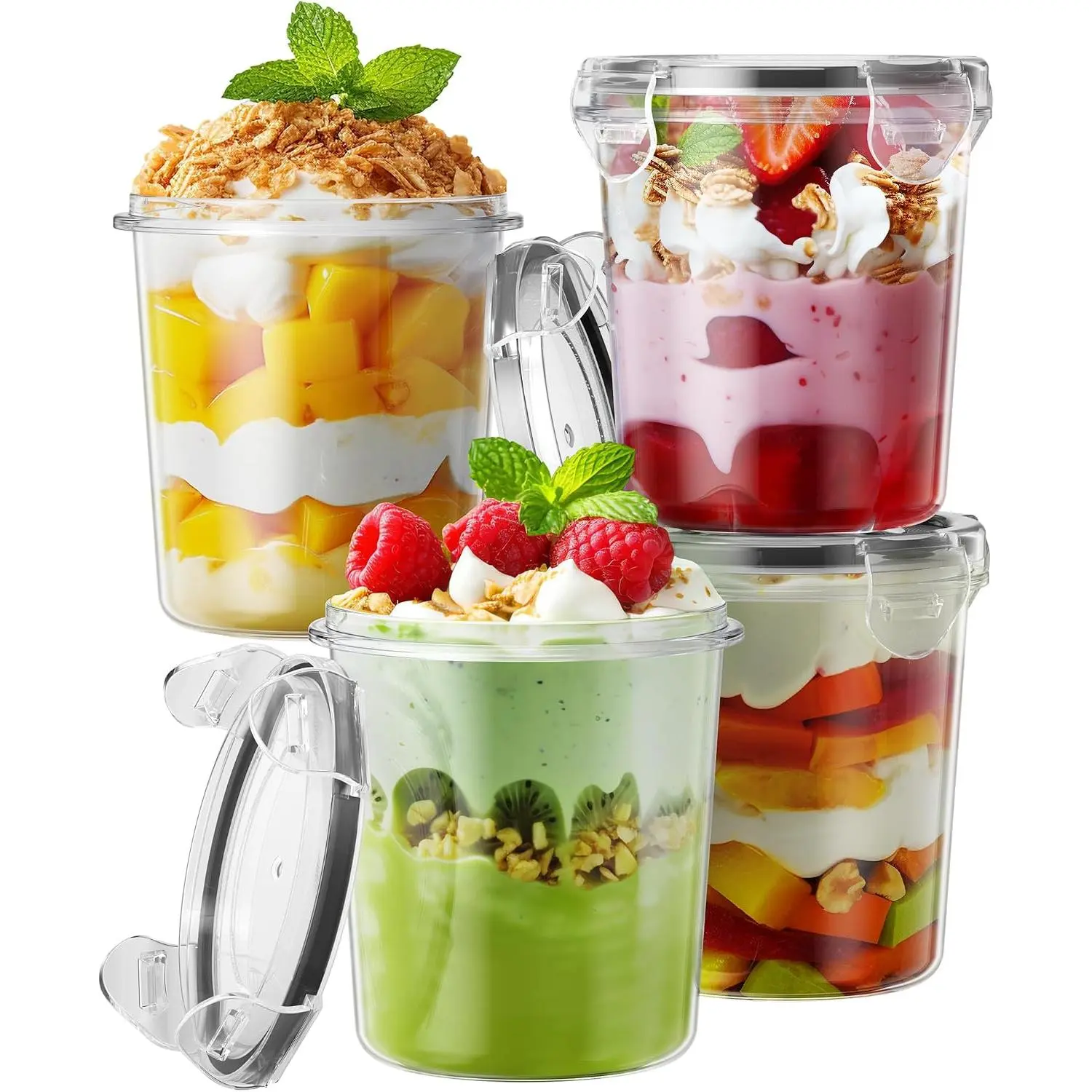 4-Pack 13oz Kitchen Airtight Plastic Mason Jars, Portable Leak-Proof Overnight Oats Containers, Stackable Preserving Jars for Yogurt, Soup, Salad