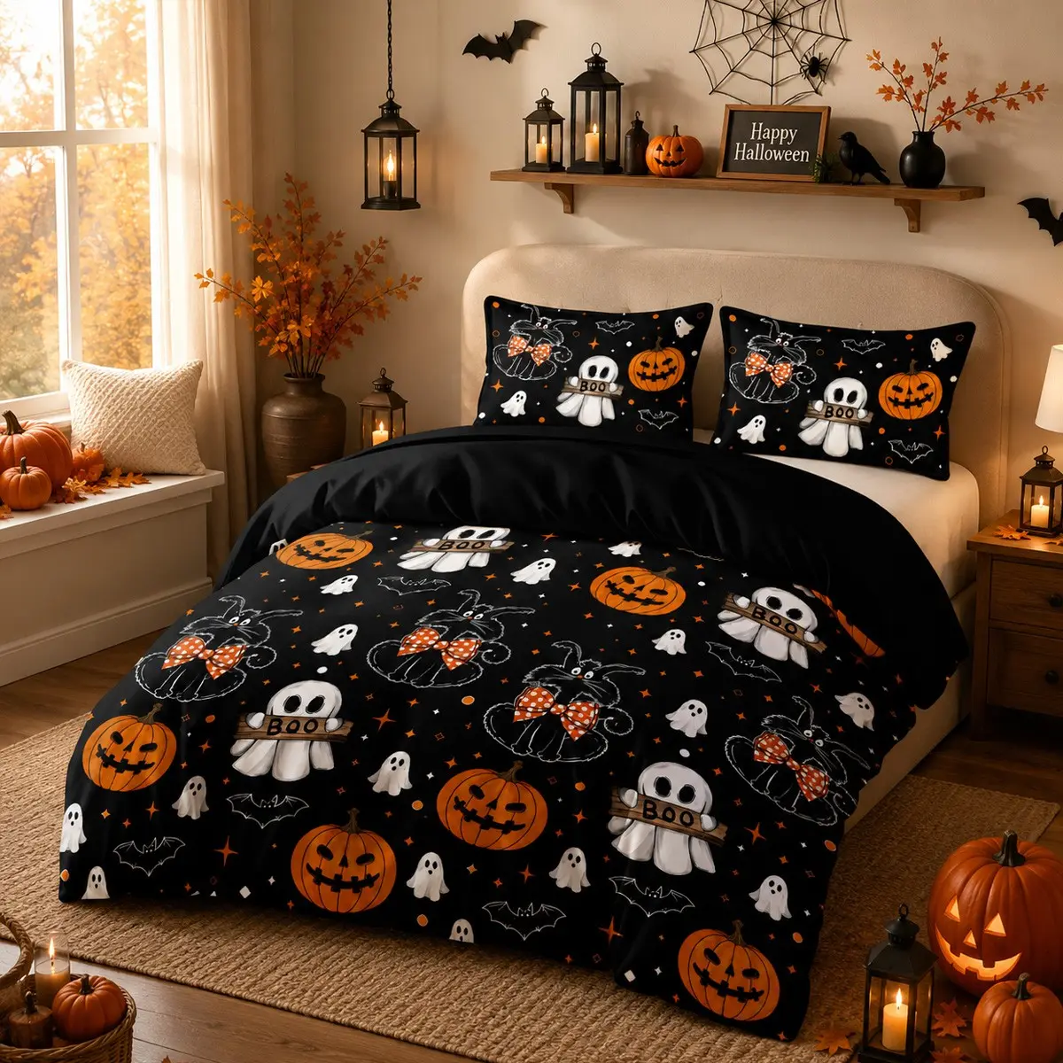 3 Piece Halloween Ghost Cat Pumpkin Print Decorative Duvet Cover Set, All Season Cartoon Bat Star Boo Holiday Theme Bedding Set, Cute Bedroom Decor