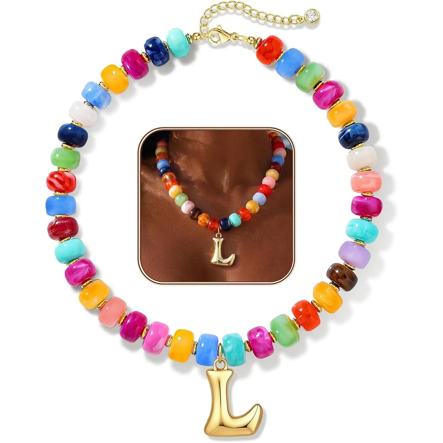 Colorful Chunky Beaded Necklaces for Women Bubble Letter Initial Choker | Boho 14K  Plated Statement Bead Necklace Personalized Rainbow  Baublebar Necklace Stack Summer Beach