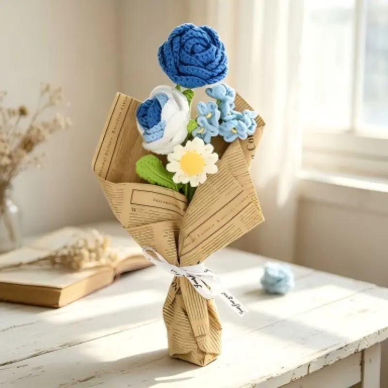 Vintage English Newspaper Packaging Handmade Blue Rose Bellflower Daisy Bouquet, Yarn Woven Everlasting Artificial Flower Art, Graduation Birthday Gift Decor