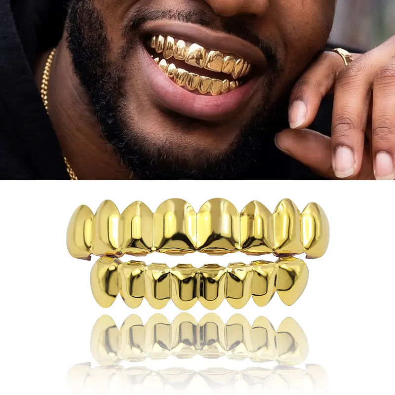 Gold Teeth Grillz Top & Bottom Set - Classic Hip Hop Smooth Mirror Polish Y2K Streetwear Removable Body Jewelry, Rave Party Costume Cap Accessory, Holiday Gift for Men
