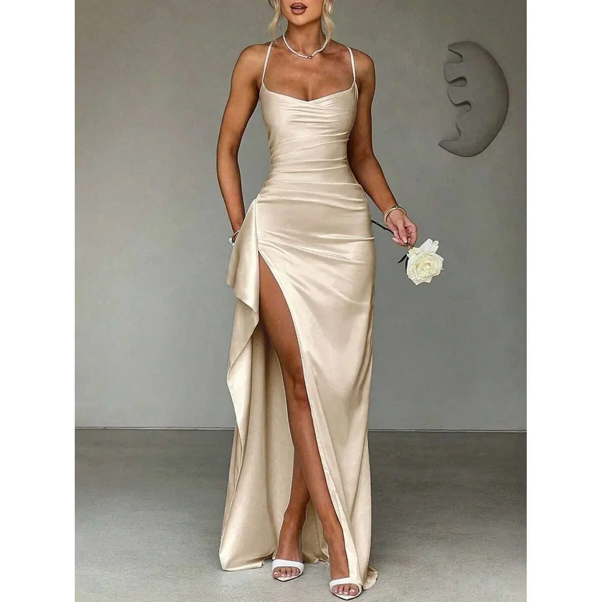 Elegant Sexy Satin Strapless Off Shoulder Frill Trim Waist Party Dress, Bridesmaid Gown, Formal Ball Gown Wedding Spring