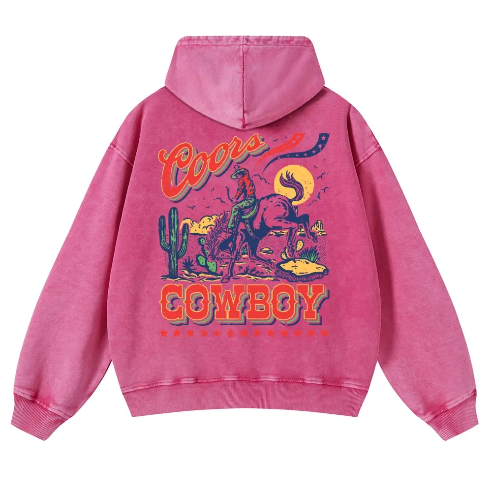 Men's Vintage Cowboy Graphic Cotton Hoodie - Oversized, Thick, Casual Heavyweight Acid Wash Menswear Pullover, Soft Long Sleeve Western Rodeo Retro Streetwear Hooded Top for Jeans Pairing (Fabric Highlight: Breathable Cotton)