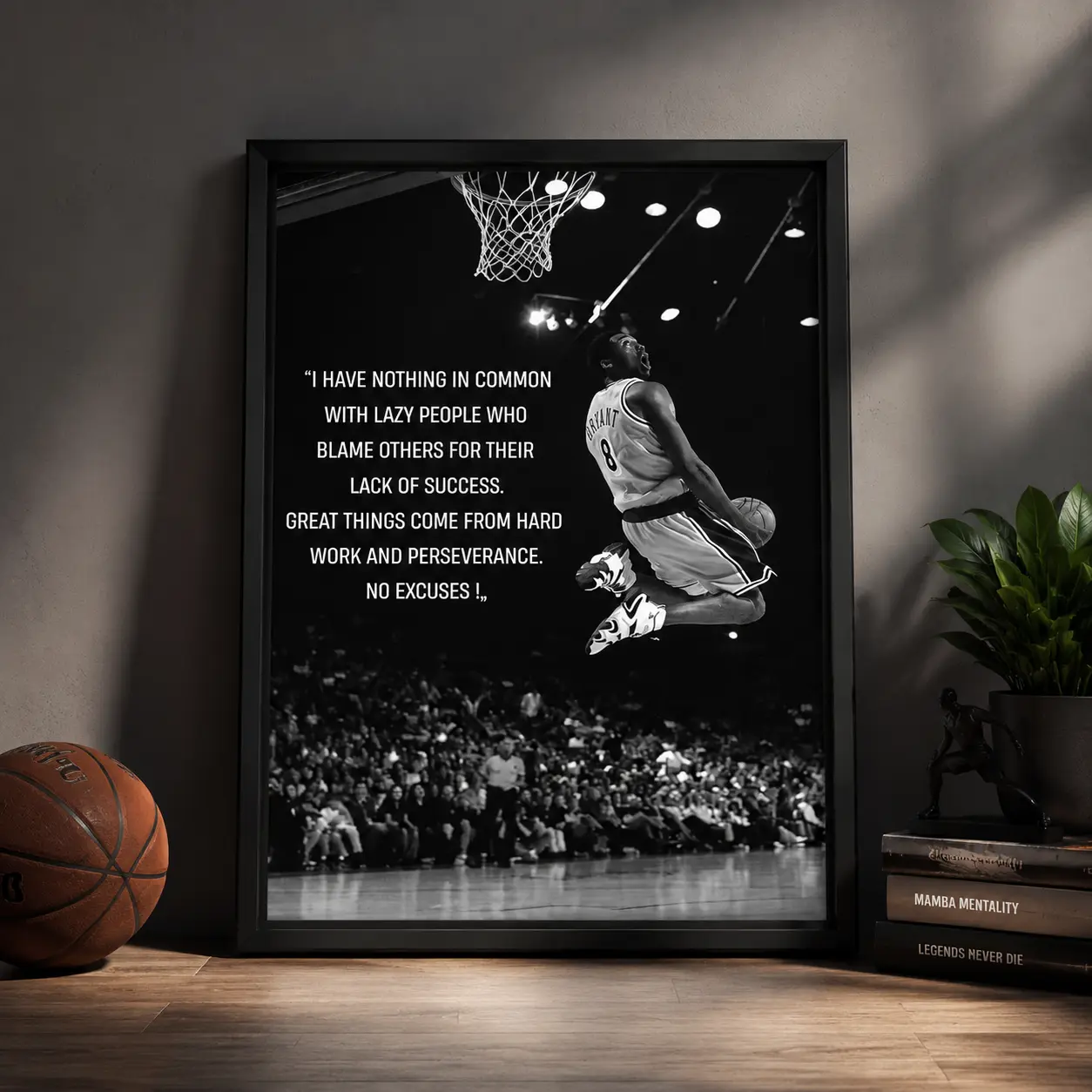 Kobe Bryant Motivational Quote Poster, Black-White Canvas Artwork, Basketball Legend Mamba Mentality Wall Decor with Frame for Bedroom