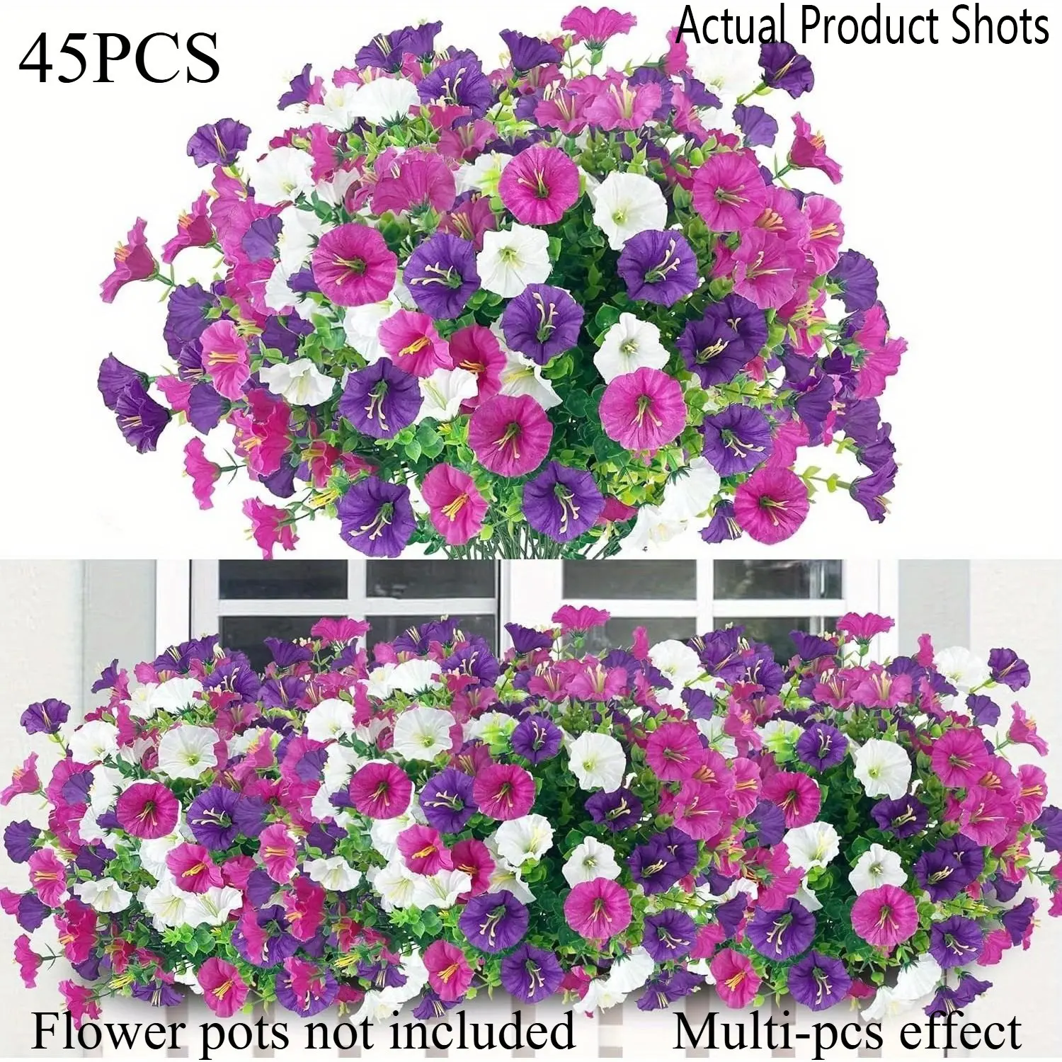 45 PCS of Artificial Petunias for Outdoor Use, Resistant to Wind And Rain, Purple, Plastic Hanging Decorations, Faux Flower Decor, Decorative Flowers, Artificial Hanging Plants, Suitable for Balcony And Terrace Flower Boxes, Wedding And Event Arrangements