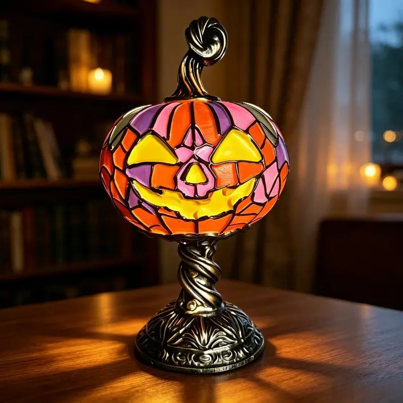 1-Piece Halloween Pumpkin Statue, Jack-o'-Lantern Sculpture, Gothic, Spooky, Dark Academia, Tiffany-Style Stained Glass, Resin, Bronze, Twisted Pedestal Base, Colorful Mosaic Tiles, Home, Bedside, Desk Decor, Gift