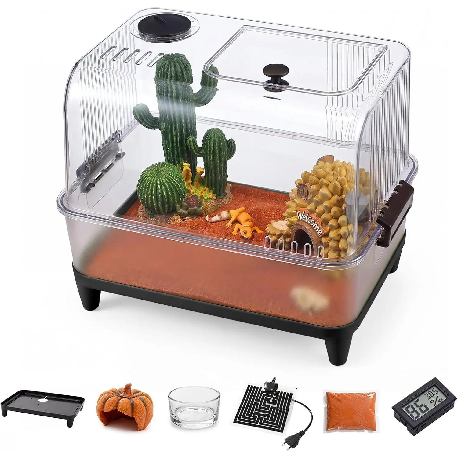 Gaomon Reptile Tank Starter Kit, Reptile Terrarium Kit, Acrylic Small Reptile Habitat with Lid, Heating Pad, Hygrometer, Bowl,Hide, Sand for Reptiles,Tarantula,Lizards,Frogs,Geckos,or Hermit Crabs