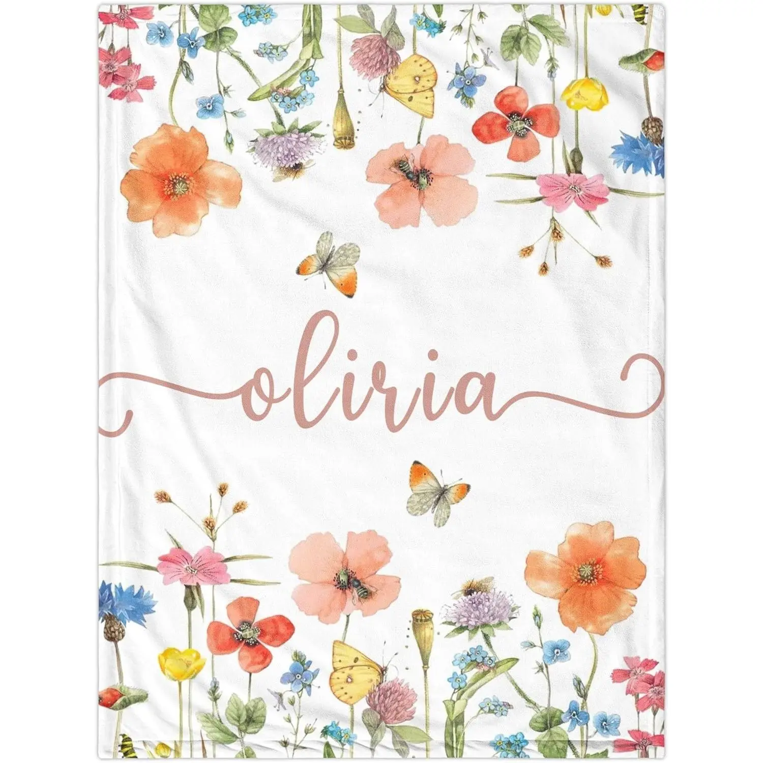 Customized Name Flannel Printed Blanket - Watercolor Floral Butterfly Motif, Modern Soft Throw, Wrinkle-Resistant, Durable, Fading-Proof, Newborn Girl Christening Gift, Nursery Room Cozy Accent