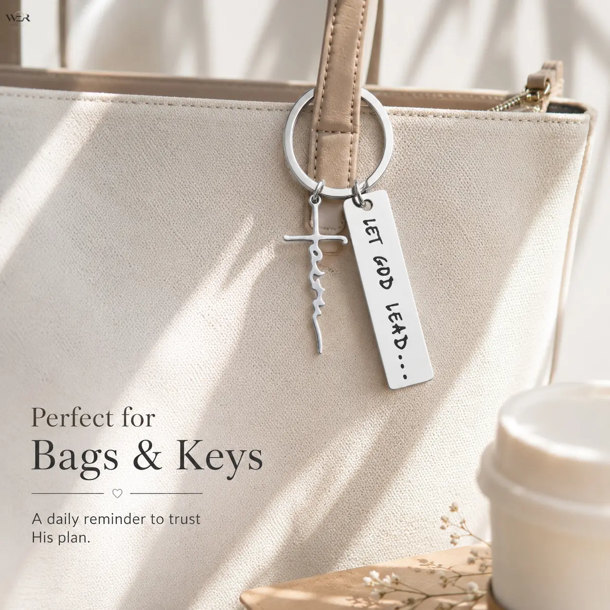 Christian Faith Keychain, Let God Lead Engraved Bar & Handwritten Cross Charm, Silver Stainless Steel Religious Key Ring, Inspirational Accessory, Encouragement Gift for Men Women Daily Decor