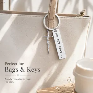 Christian Faith Keychain, Let God Lead Engraved Bar & Handwritten Cross Charm, Silver Stainless Steel Religious Key Ring, Inspirational Accessory, Encouragement Gift for Men Women Daily Decor