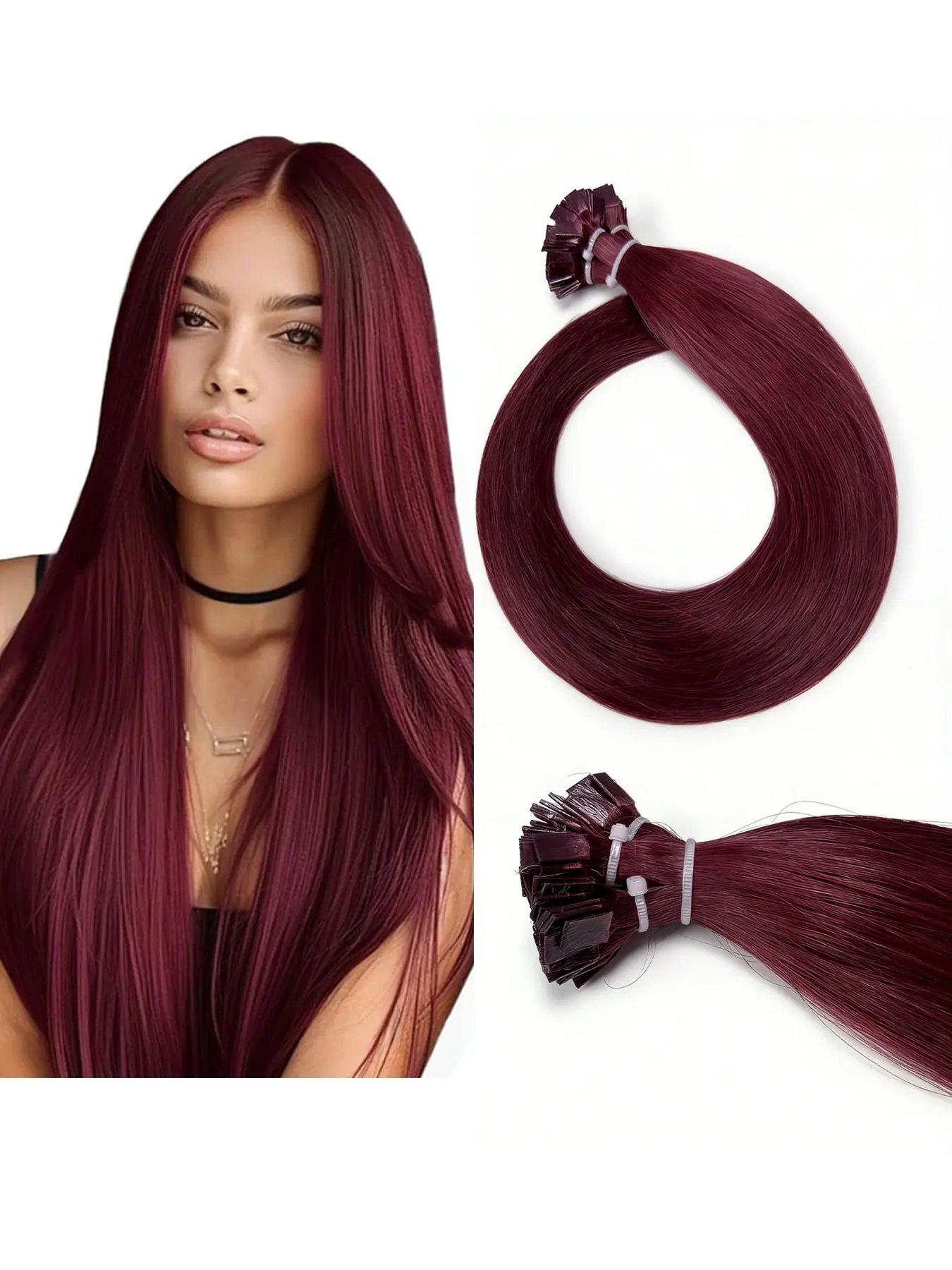 【Trial Size】Flat Tip Hair Extensions & Pieces 25pcs/25g Real Human Hair 16-24inch Long Burgundy 1g/1pcs Invisible Seamless and Invisible Keratin Extensions #99J Nature Integration #60 #ice Long-term wear Hairpieces