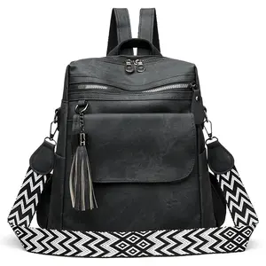 Women's Ethnic Style Soft Leather Backpack for Daily Commute, Shopping, Campus,Casual All-Match Daypack with Multi-Compartment Storage, Wide Padded Straps, Decorative Tassels, Secure Zipper Closure, Soft Durable Build for All-Day Comfort