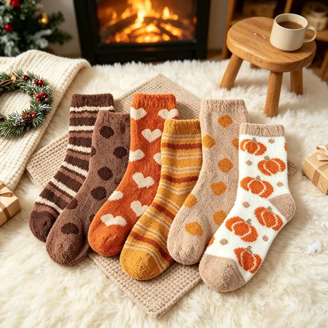 Women's 5-Pair Coral Fleece Mid-Calf Socks, Striped Snug Fit Couple Home Wear Socks for Autumn/Winter Sleep & Floor Use