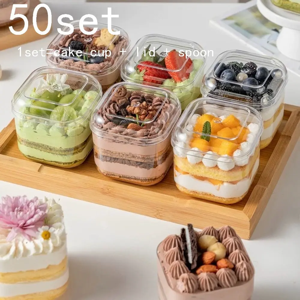 150 Piece Set (50 Cups, 50 Lids, 50 Forks), Party Tableware Set, 8.45 Oz/250 Ml Capacity, Ideal for Events, Ice Cream, Tiramisu, Yogurt, Milk Tea, Juice