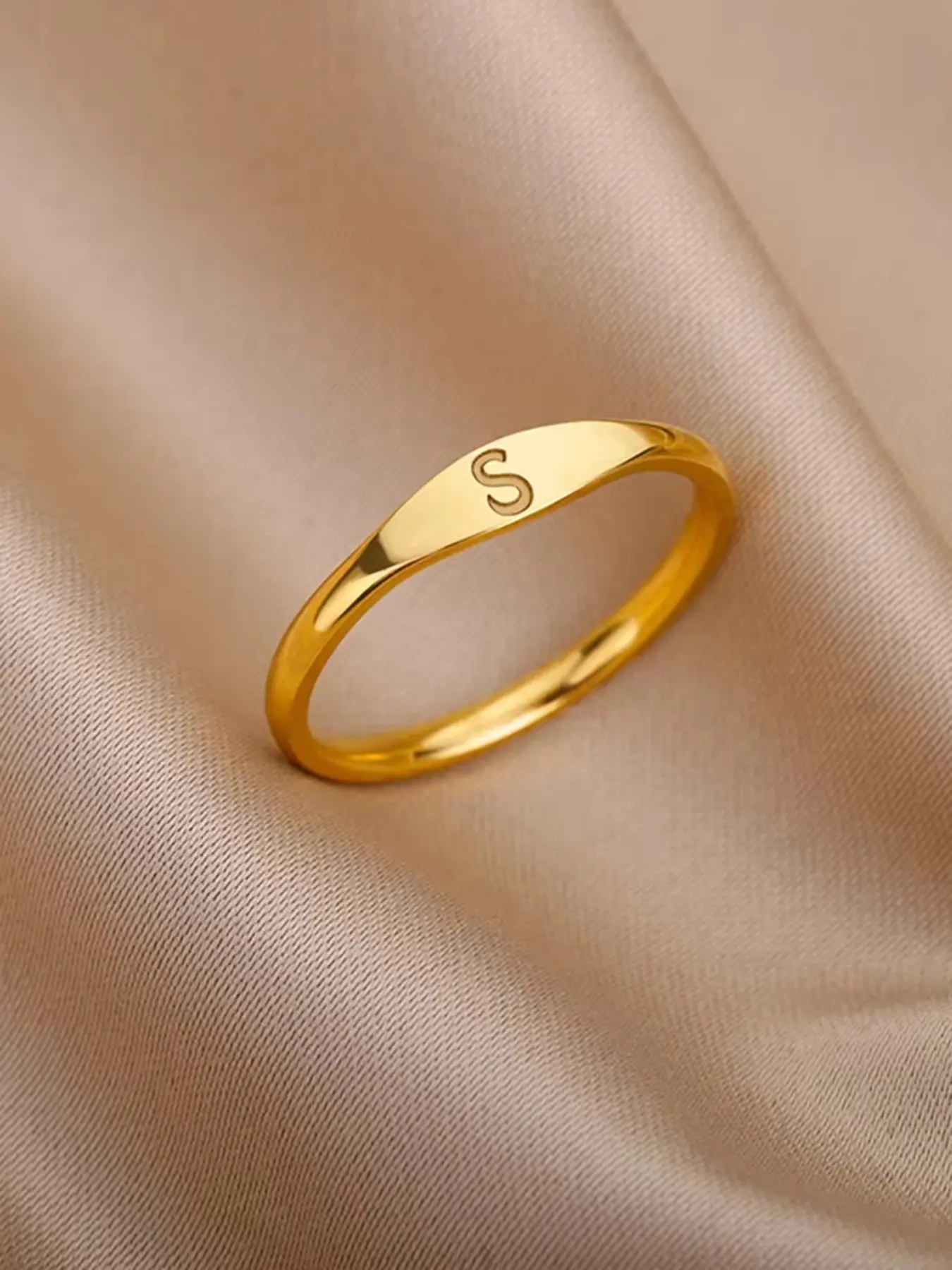 Women's Stylish Petite Letter Ring (A-Z) – Stainless Steel Band; Classic Wedding/Engagement Ring for Men and Women; Beautiful Wedding Jewelry Gift; Minimalist Style.