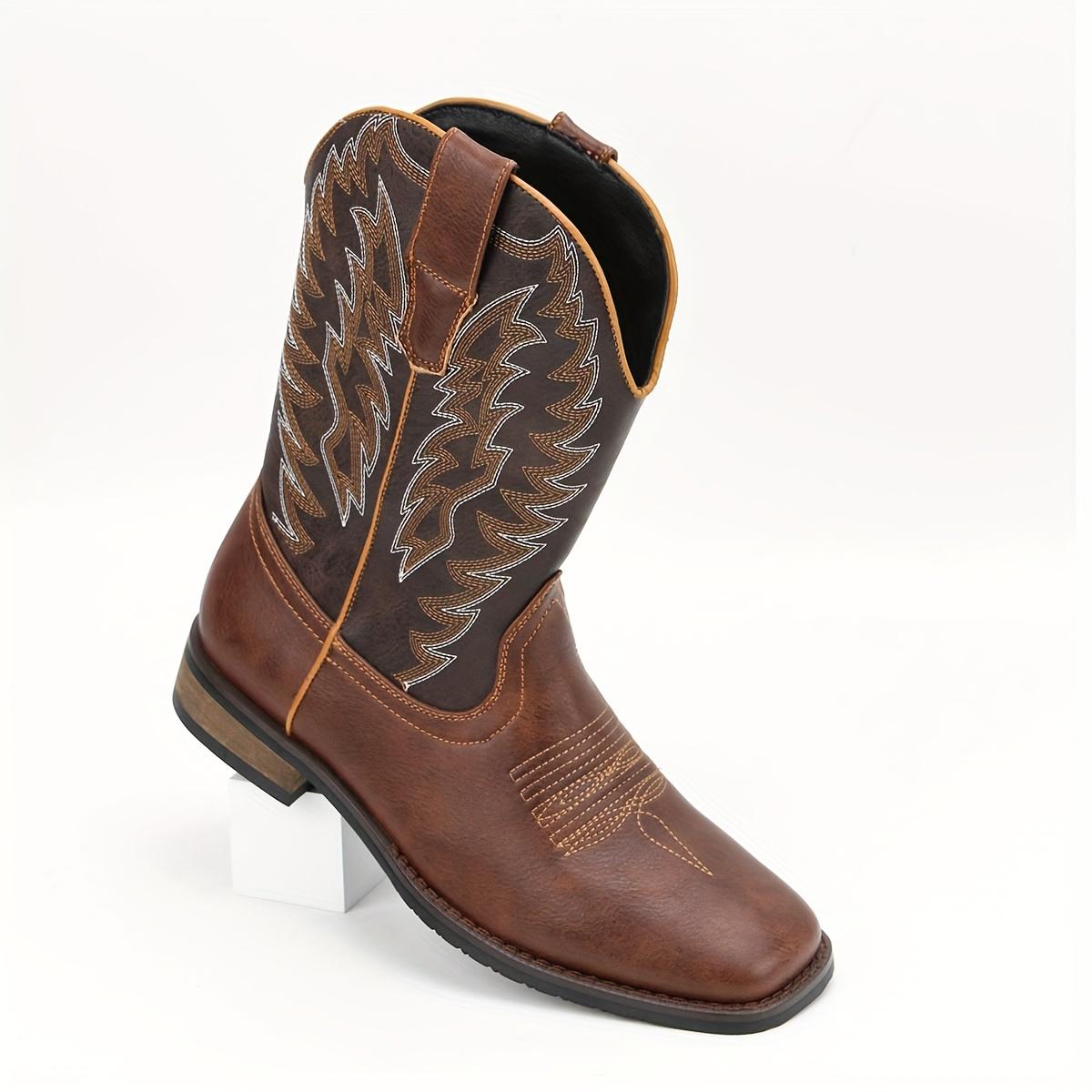Men's Square Toe Roper Boots, Western Cowboy Boots Embroidered Mid-Calf Roper Boots Walking Shoes Footwear